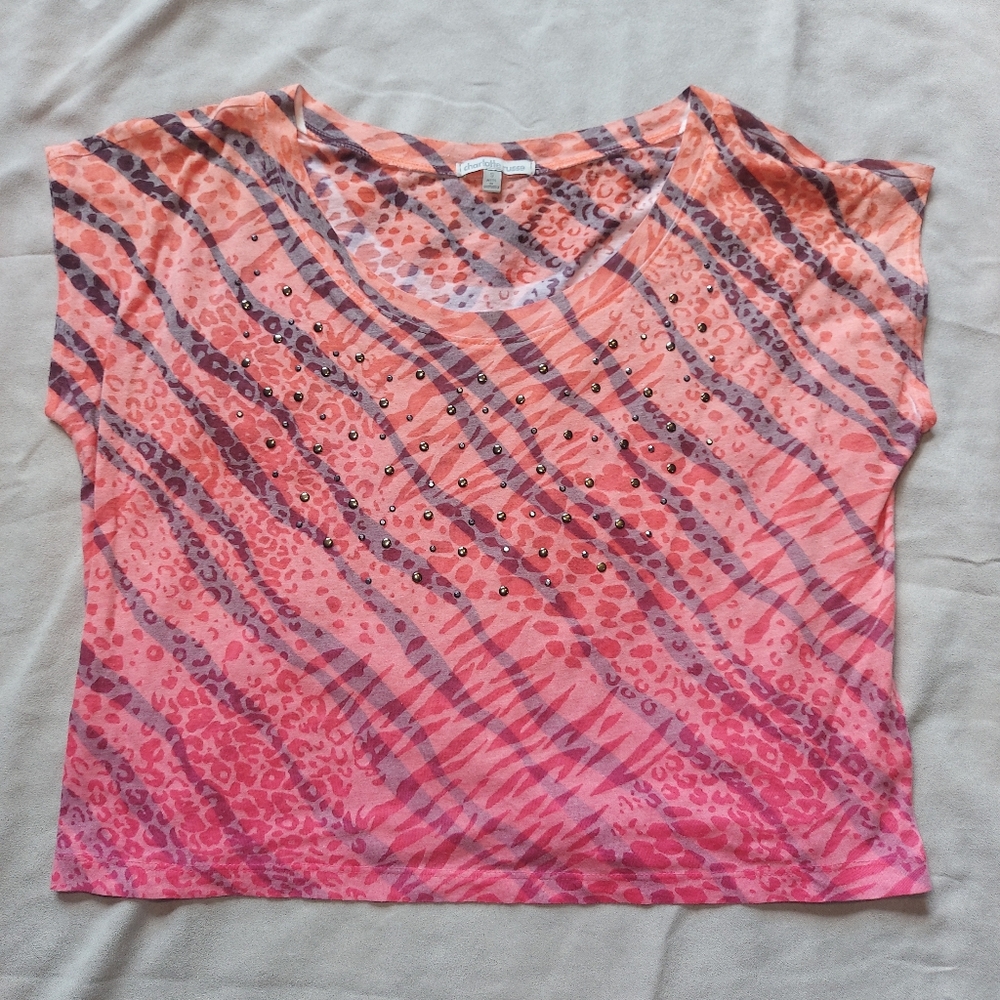 Charlotte Russe Animal Print Top Pink Orange Leopard Zebra Studded, Size Small